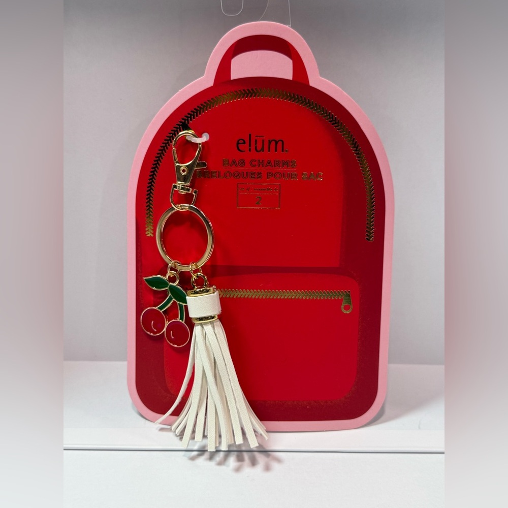 Elum Cherry Bag Charm Keychain White Tassel Gold Tone NWT